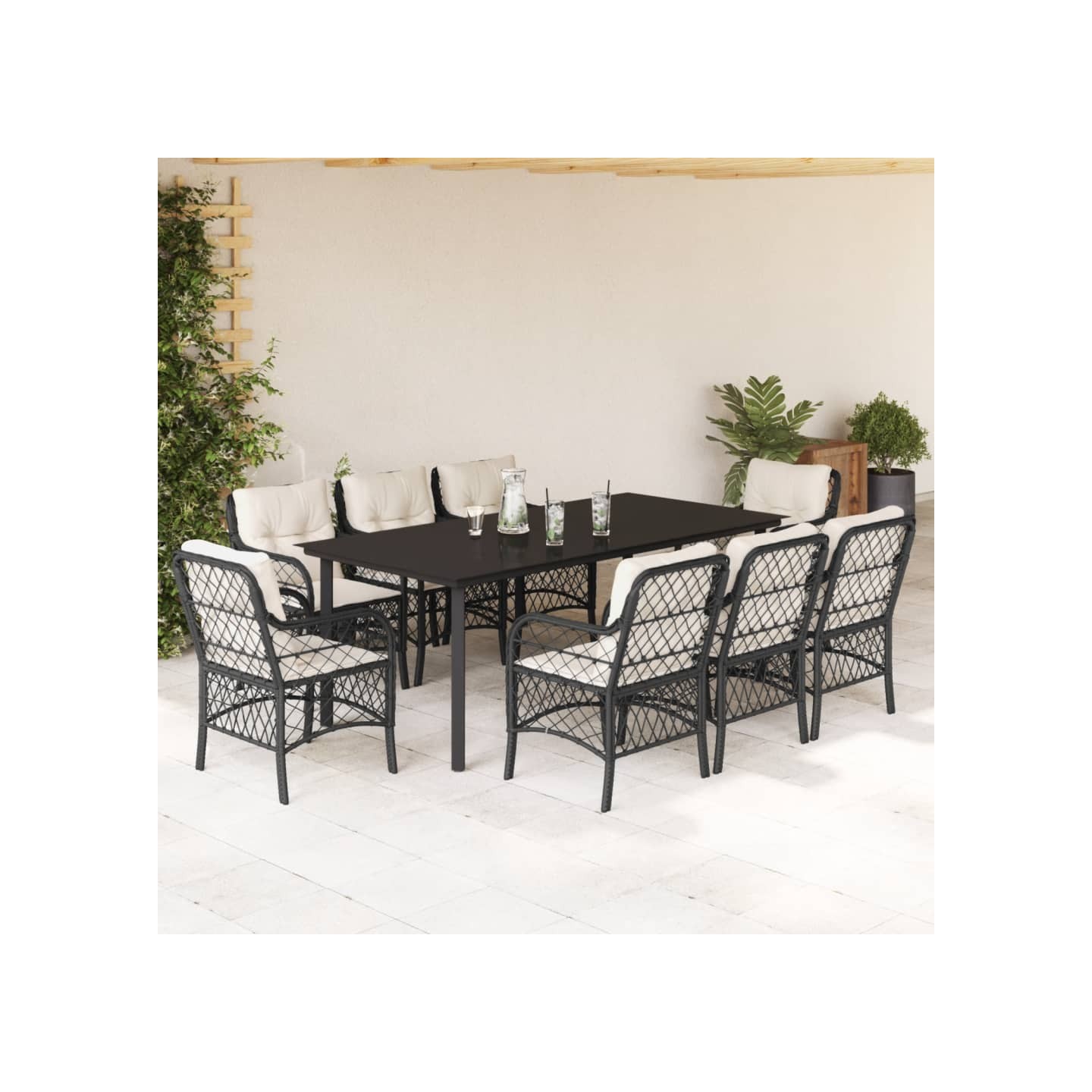 Ensemble à manger de jardin 9pcs coussins noir résine tressée
