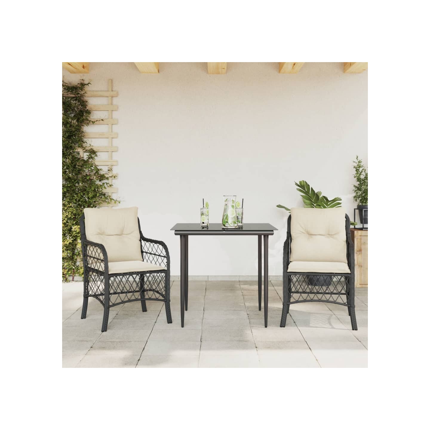 Ensemble de bistro 3 pcs avec coussins noir résine tressée