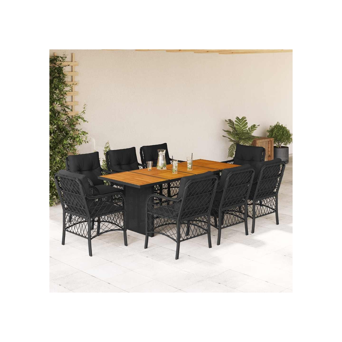 Ensemble à manger de jardin 9pcs coussins noir résine tressée