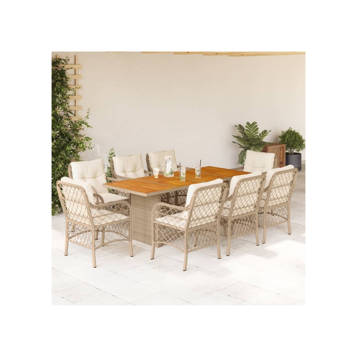 Ensemble à manger de jardin et coussins 9 pcs beige Poly rotin