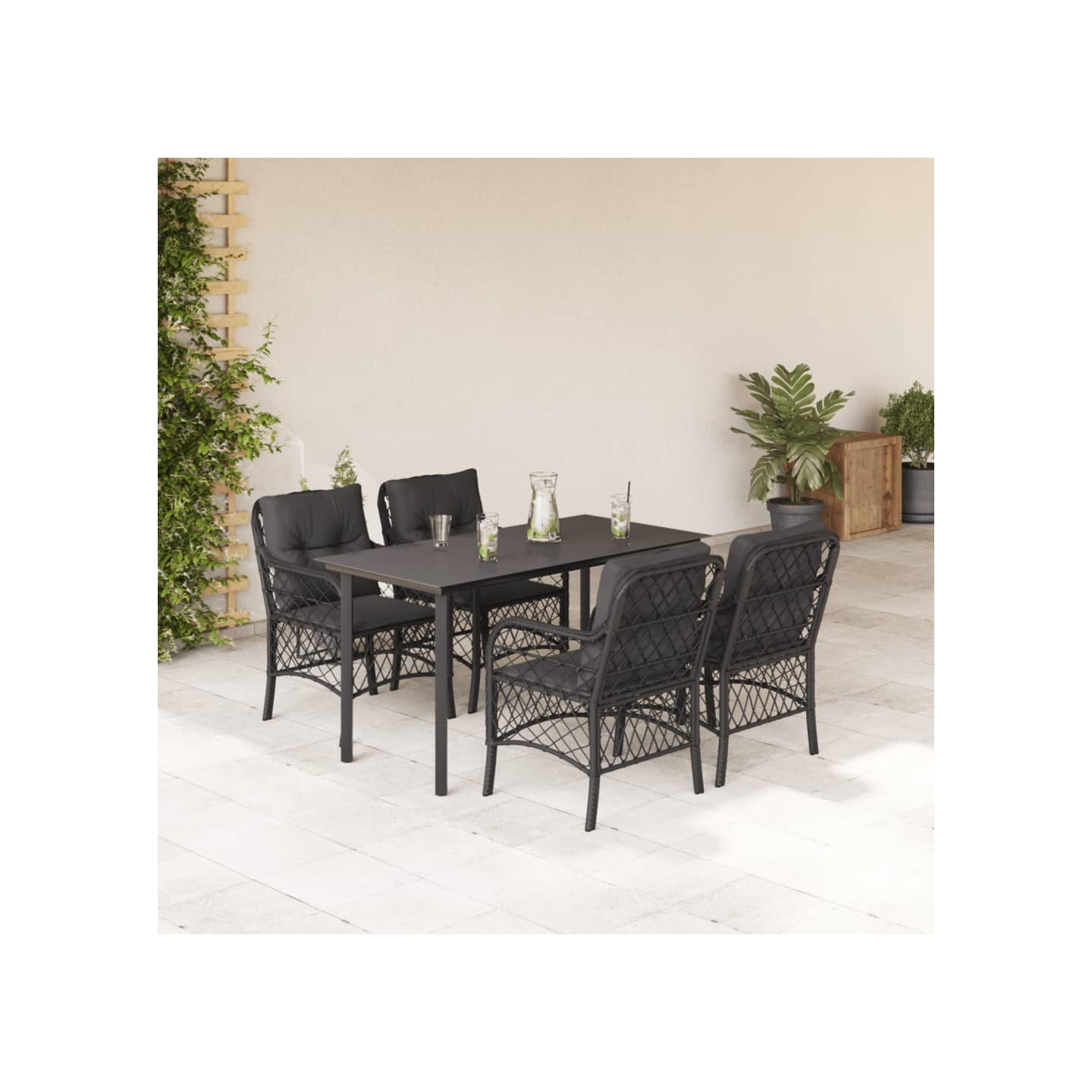 Ensemble à manger de jardin coussins 5pcs Noir Résine tressée