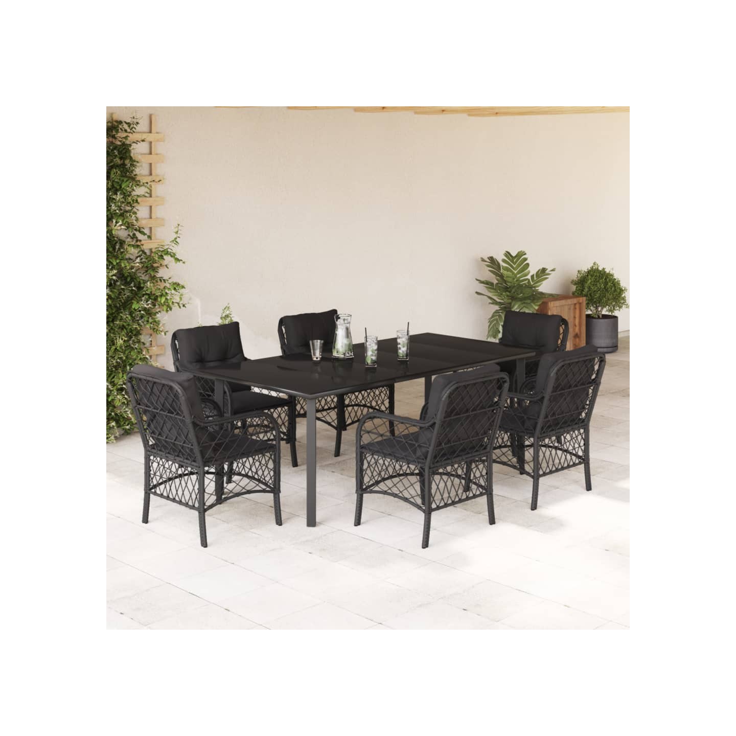 Ensemble à manger de jardin coussins 7pcs Noir Résine tressée