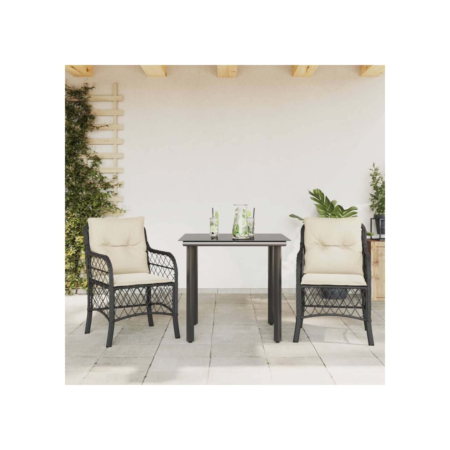 Ensemble de bistro 3 pcs avec coussins noir résine tressée
