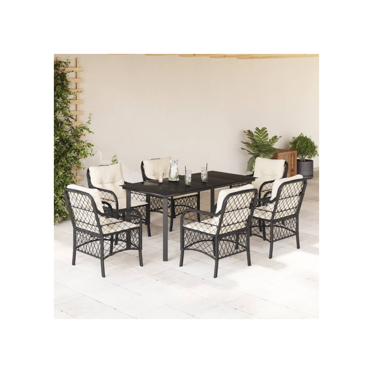 Ensemble à manger de jardin coussins 7pcs Noir Résine tressée