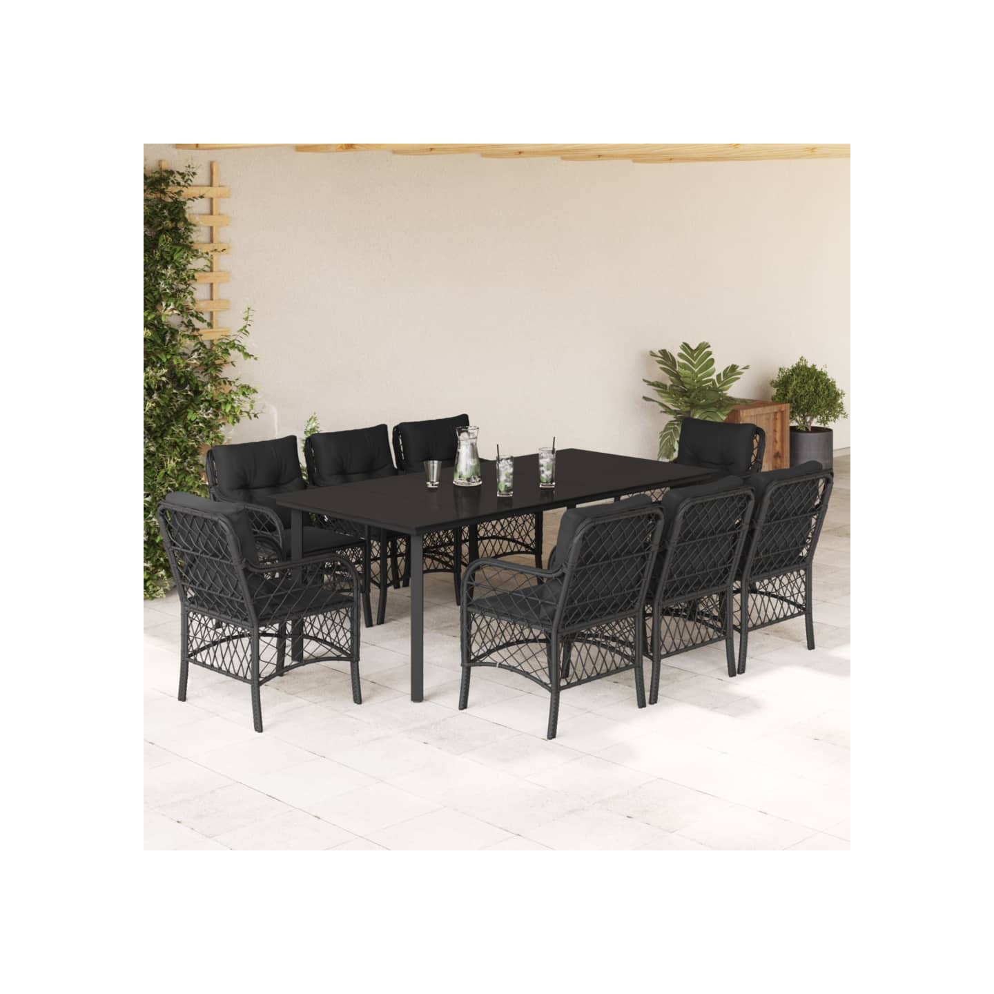 Ensemble à manger de jardin 9pcs coussins noir résine tressée
