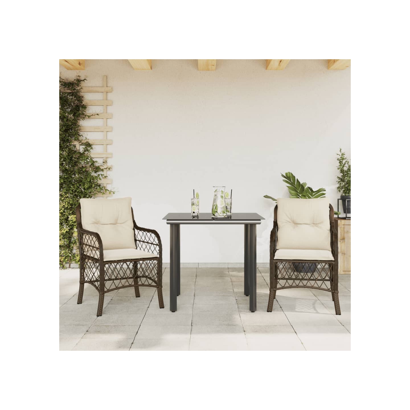 Ensemble de bistro 3 pcs avec coussins marron résine tressée
