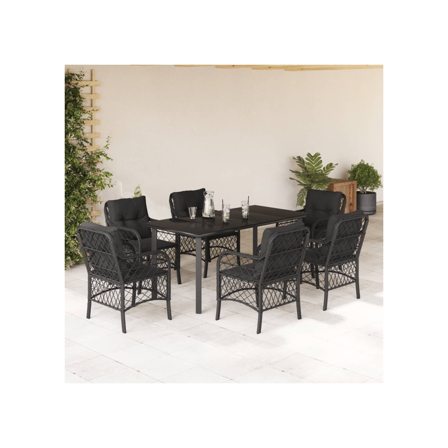Ensemble à manger de jardin coussins 7pcs Noir Résine tressée