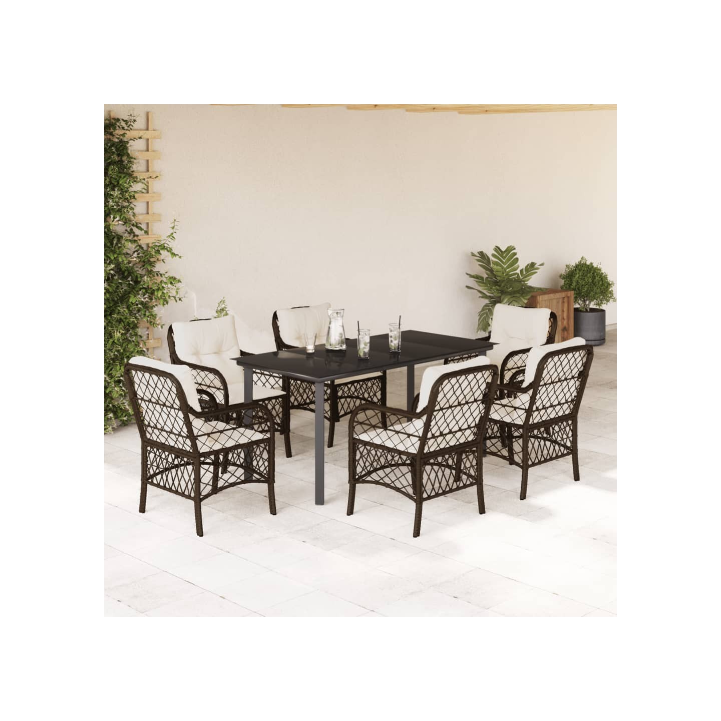 Ensemble à manger de jardin et coussins 7 pcs marron rotin