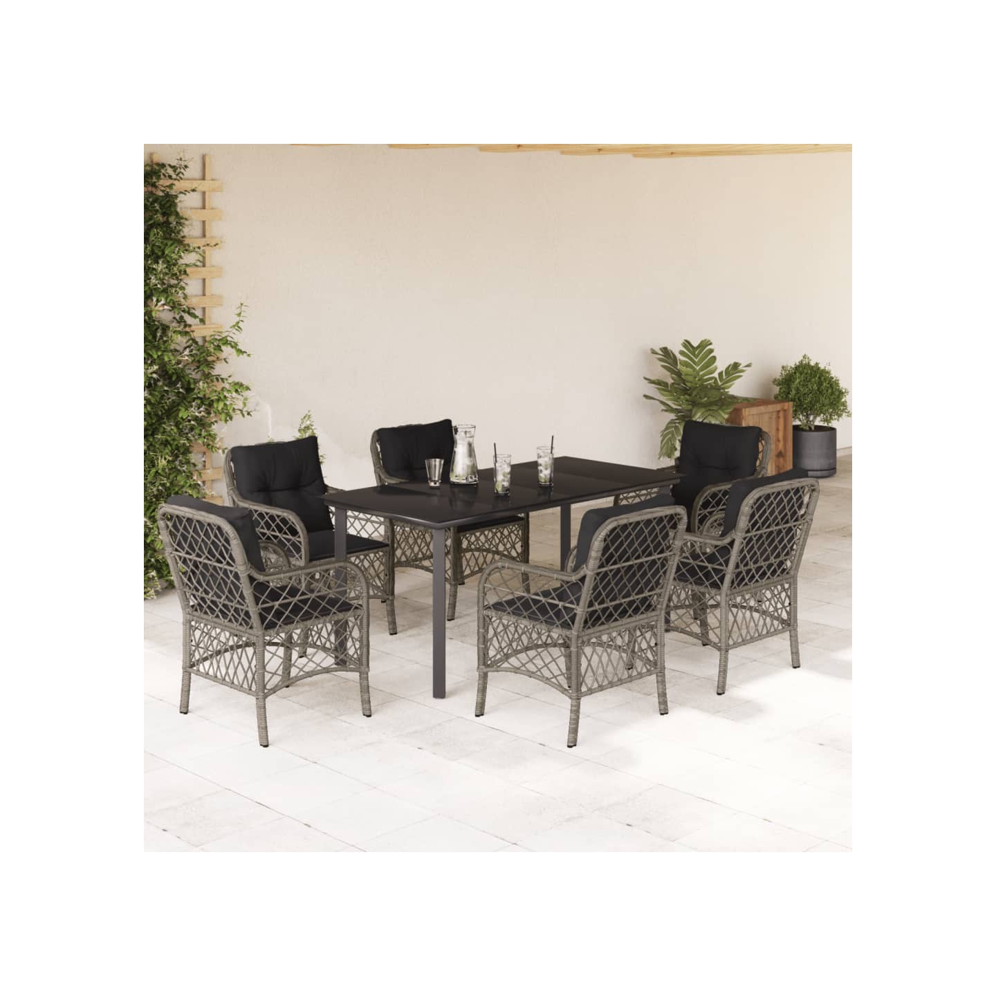 Ensemble à manger de jardin et coussins 7 pcs gris rotin