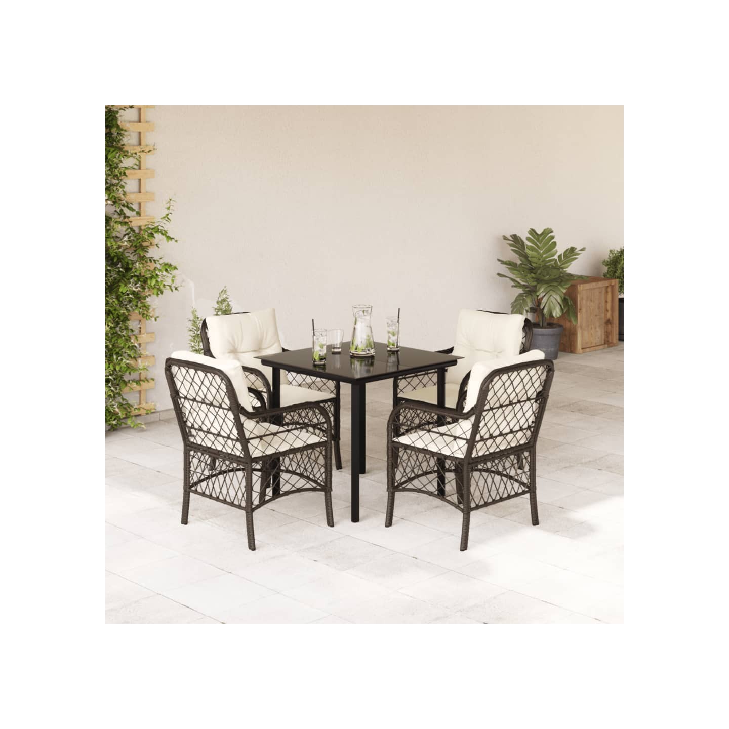 Ensemble à manger de jardin 5 pcs et coussins marron poly rotin