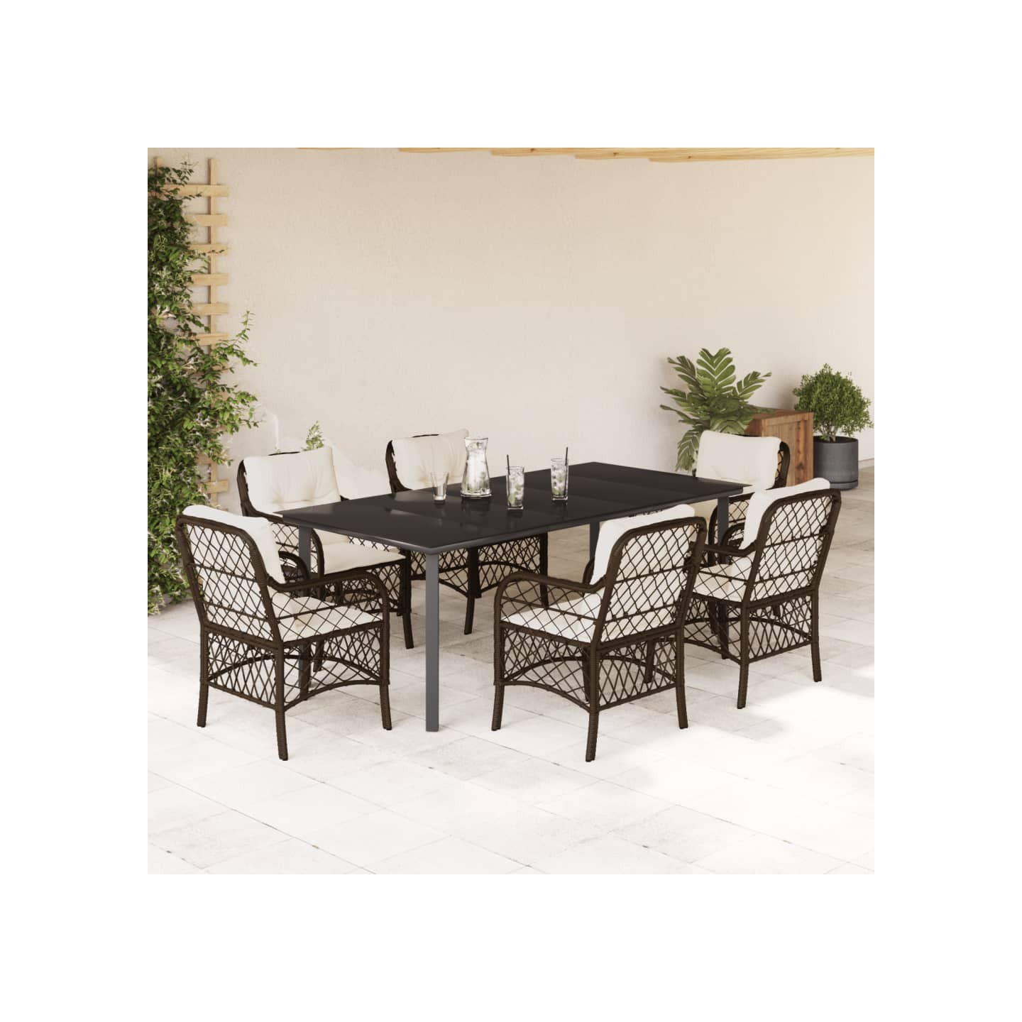 Ensemble à manger de jardin et coussins 7 pcs marron rotin