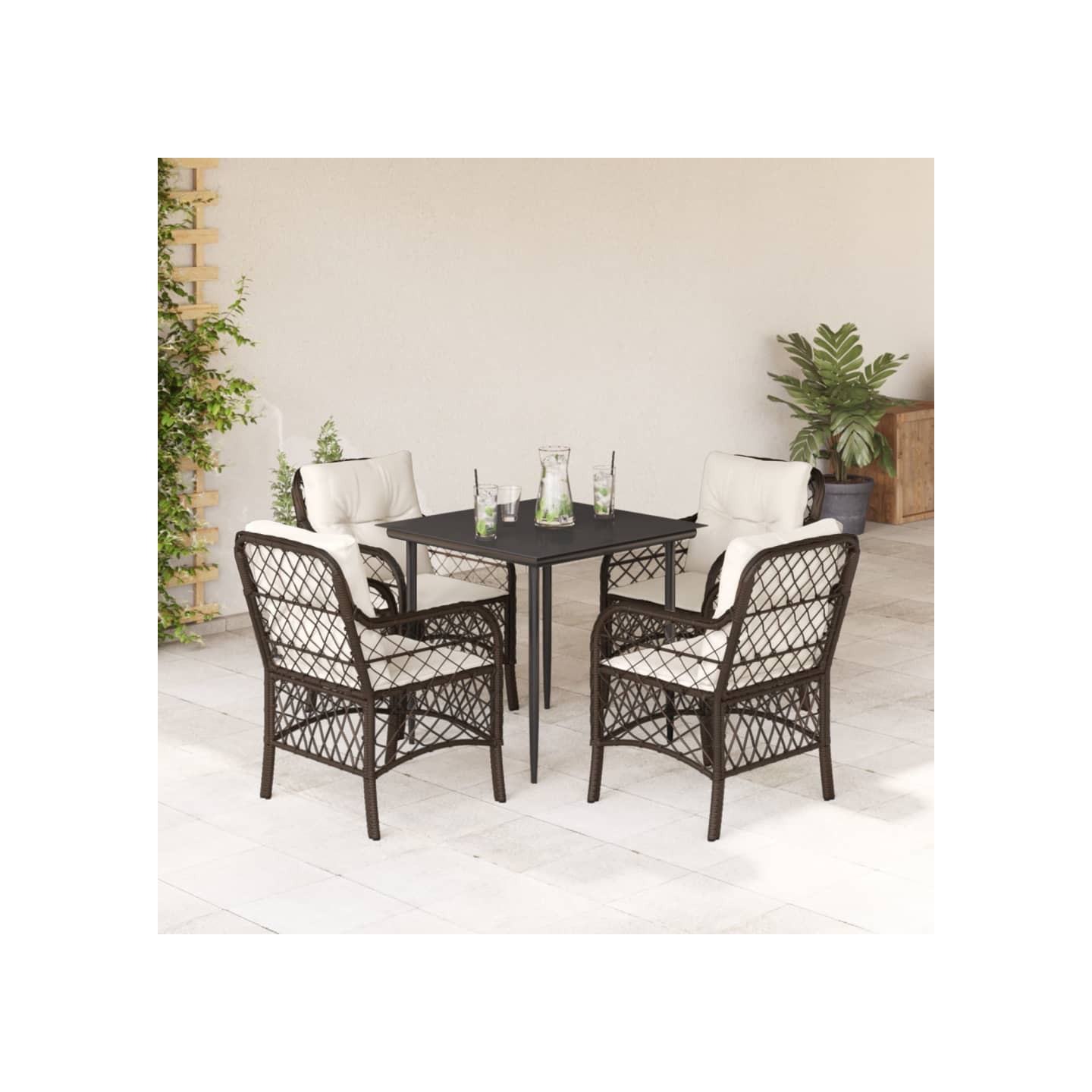 Ensemble à manger de jardin 5 pcs et coussins marron poly rotin