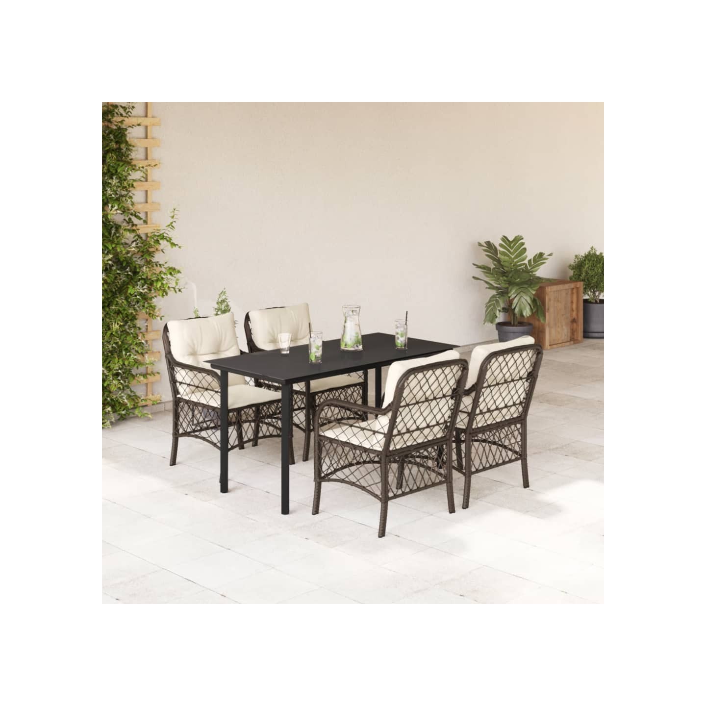 Ensemble à manger de jardin 5 pcs et coussins marron poly rotin