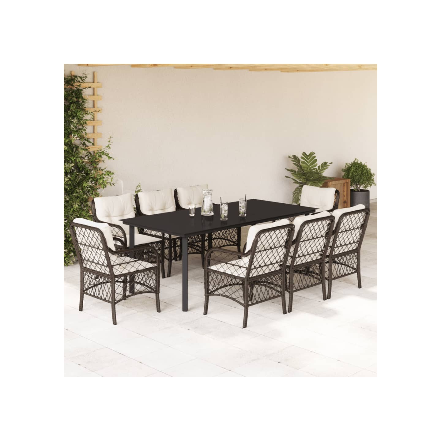 Ensemble à manger de jardin et coussins 9 pcs marron poly rotin