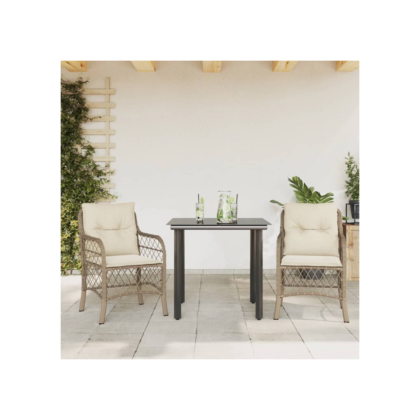 Ensemble de bistro 3 pcs avec coussins beige résine tressée