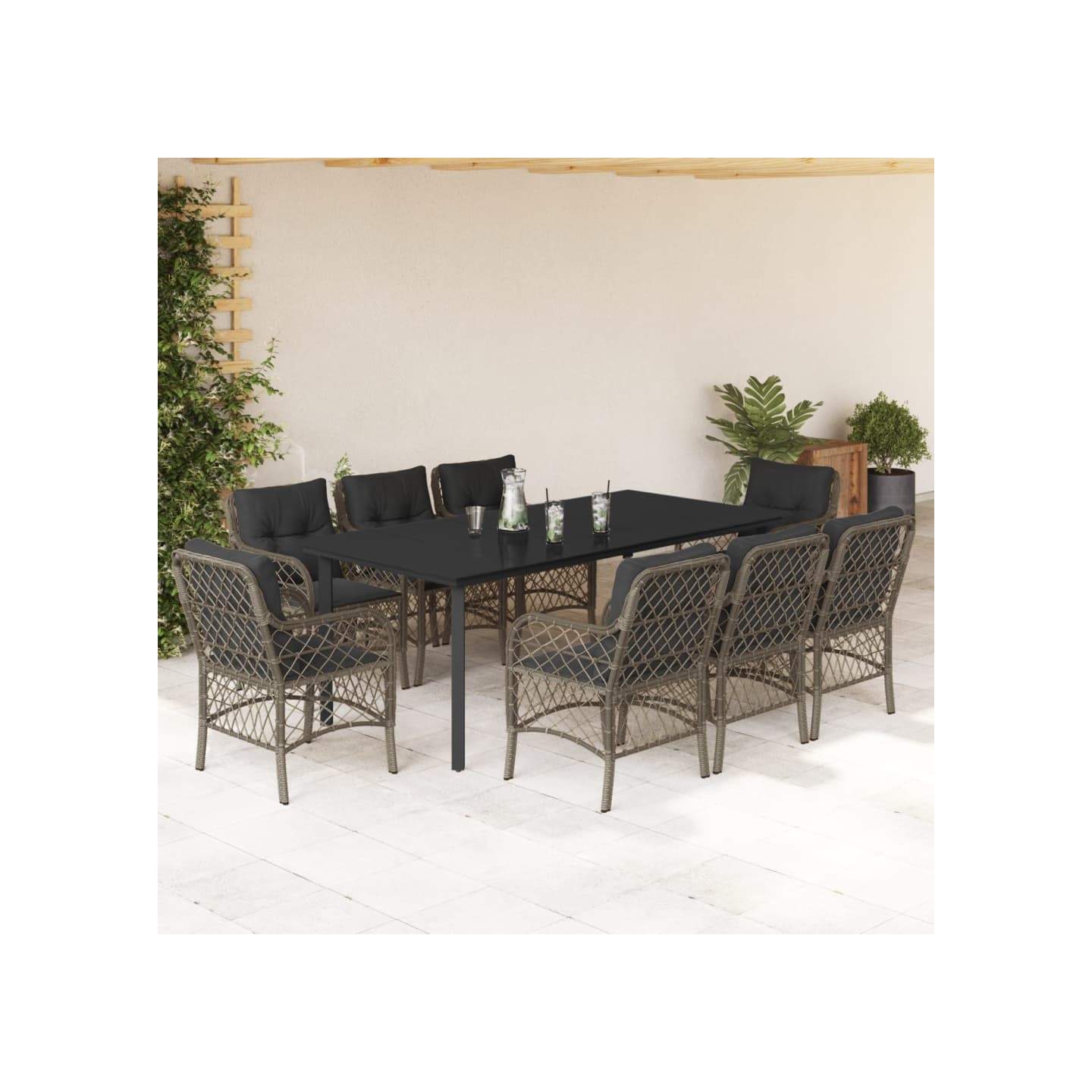 Ensemble à manger de jardin 9 pcs coussins gris résine tressée