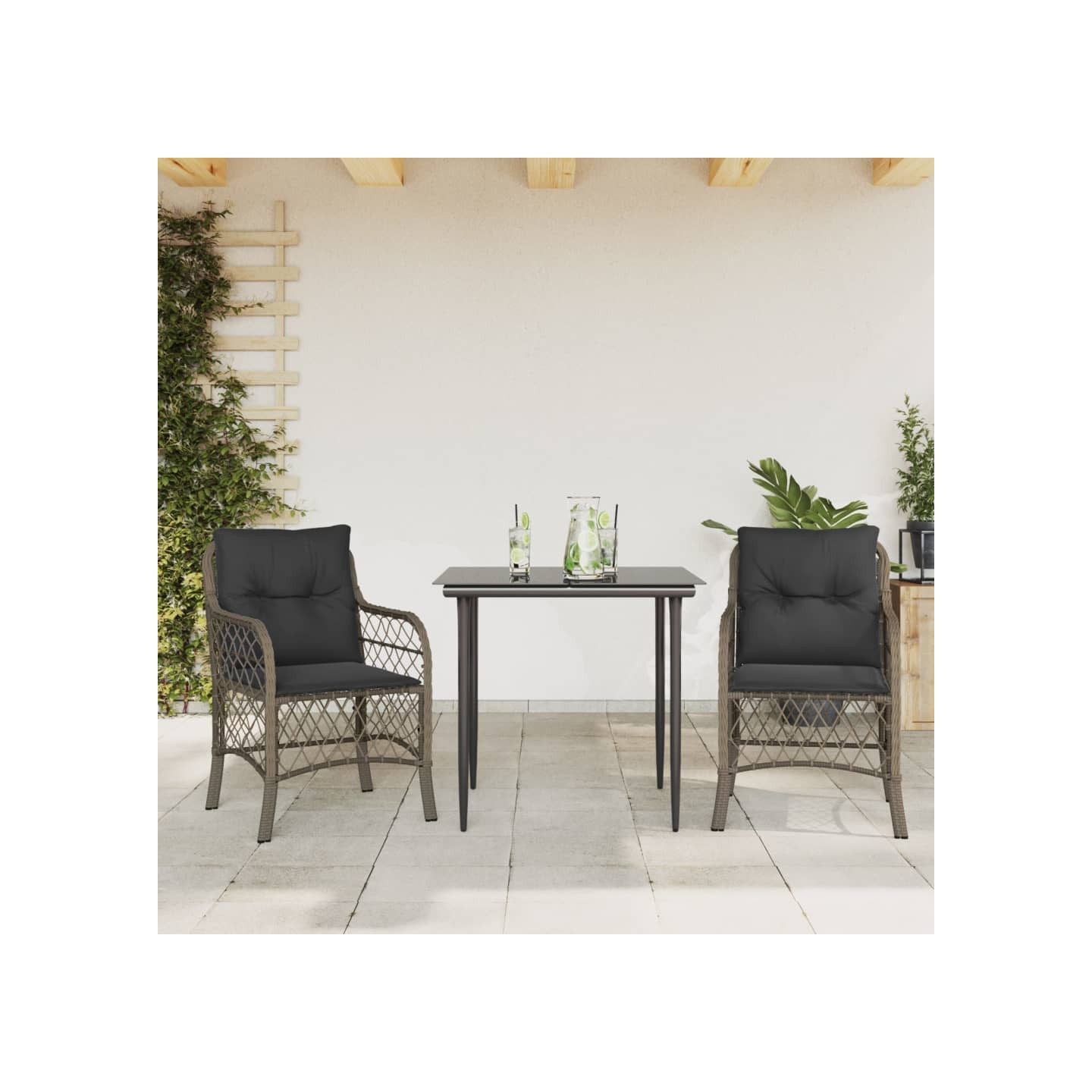 Ensemble de bistro 3 pcs avec coussins gris résine tressée