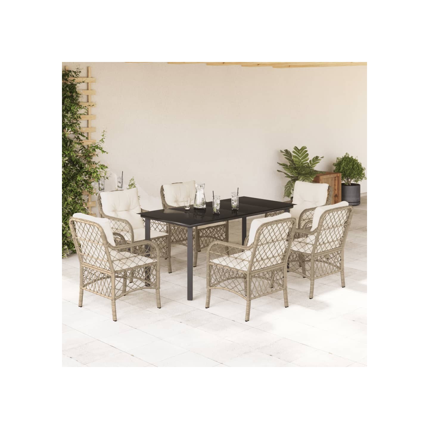 Ensemble à manger de jardin et coussins 7 pcs beige poly rotin