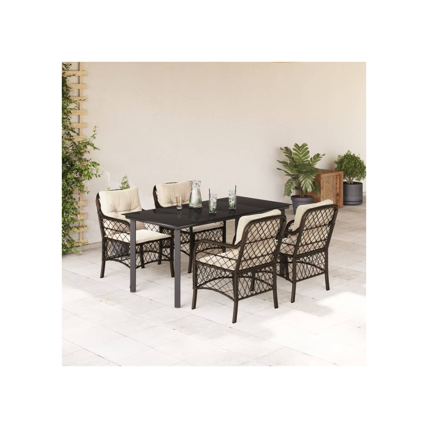 Ensemble à manger de jardin 5 pcs et coussins marron poly rotin