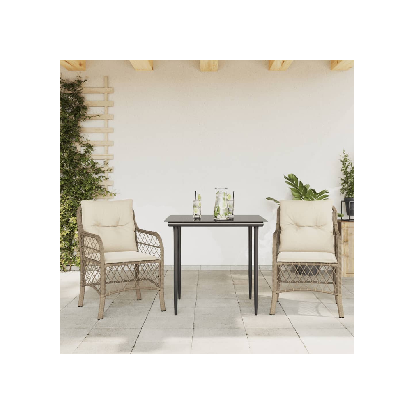 Ensemble de bistro 3 pcs avec coussins beige résine tressée