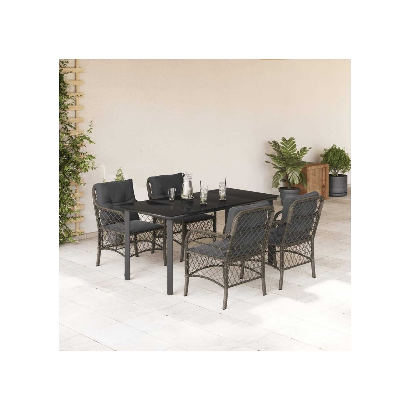 Ensemble à manger de jardin 5 pcs coussins gris résine tressée