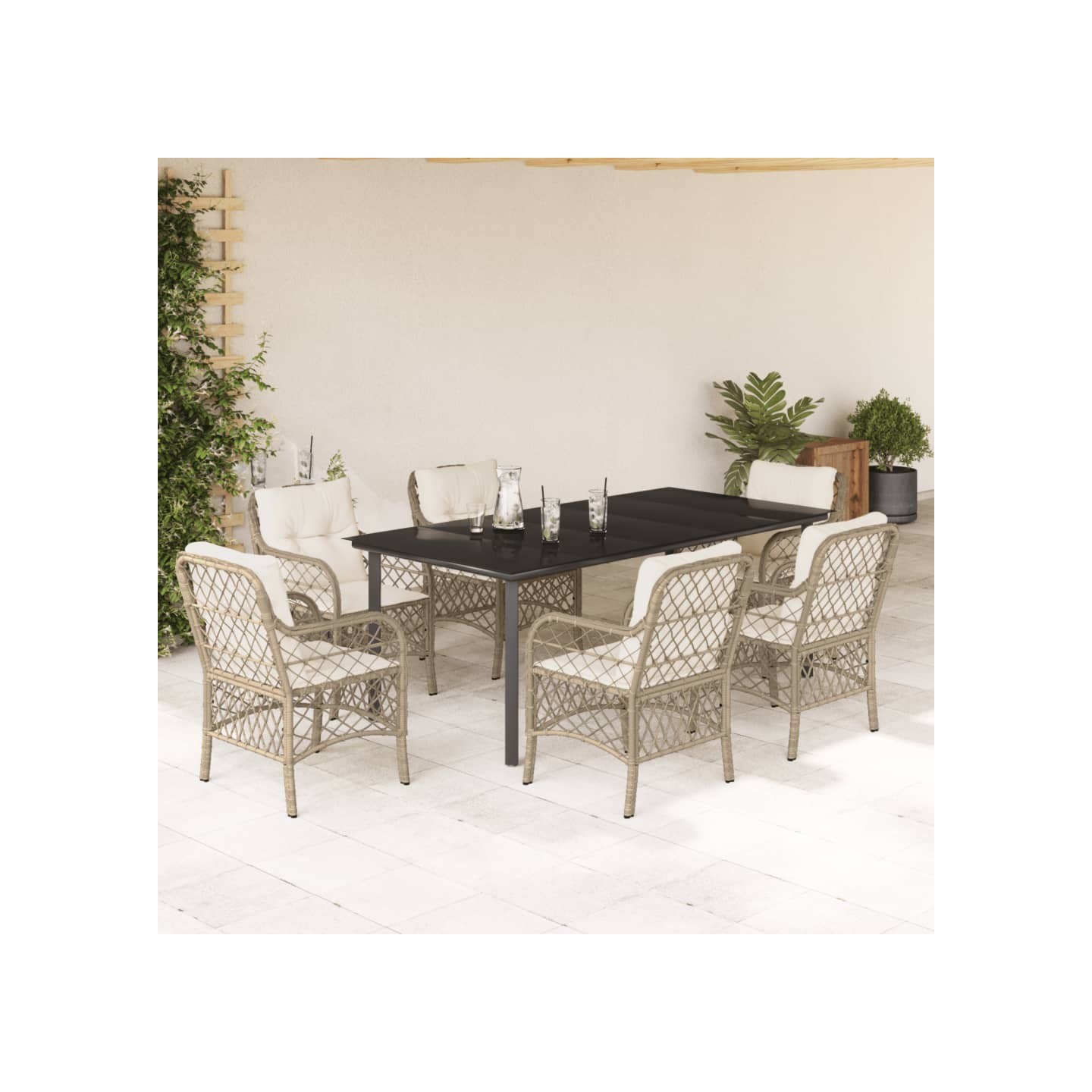 Ensemble à manger de jardin et coussins 7 pcs beige poly rotin