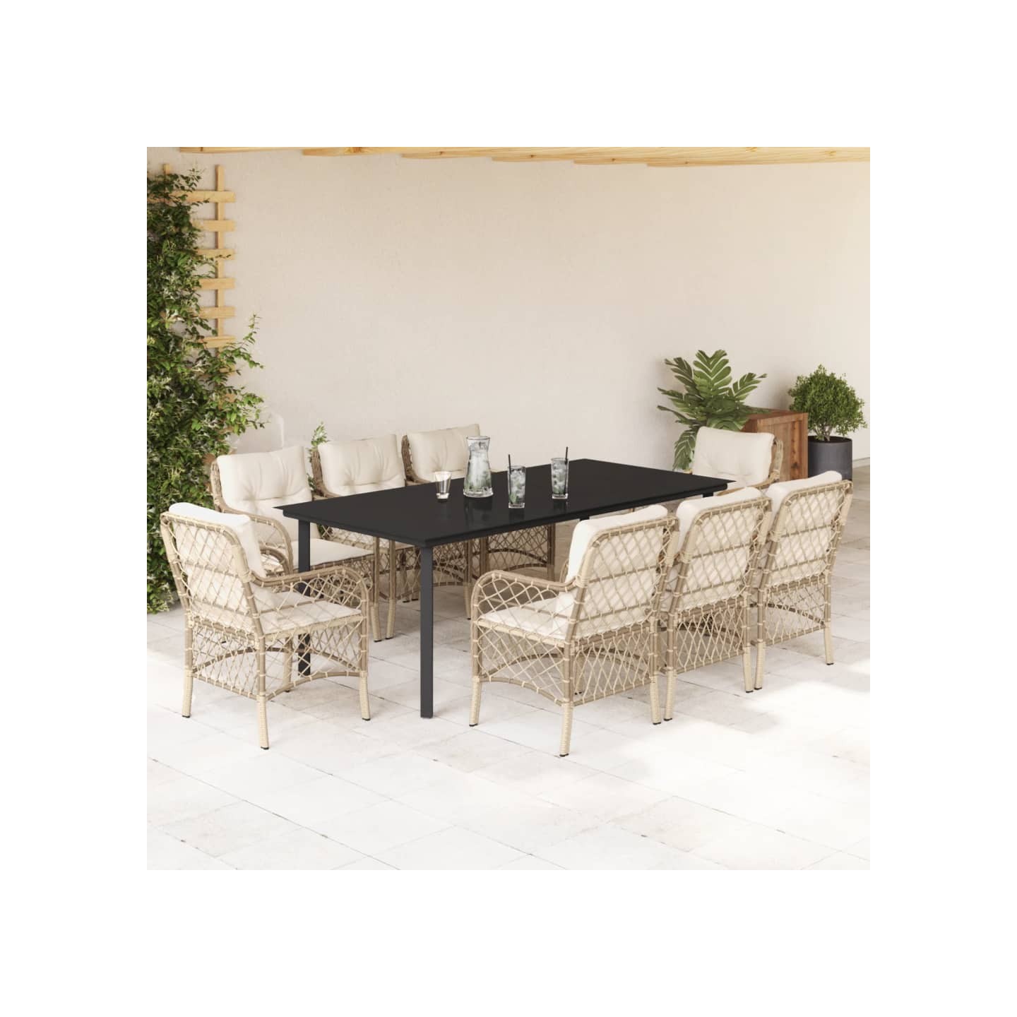 Ensemble à manger de jardin et coussins 9 pcs beige Poly rotin