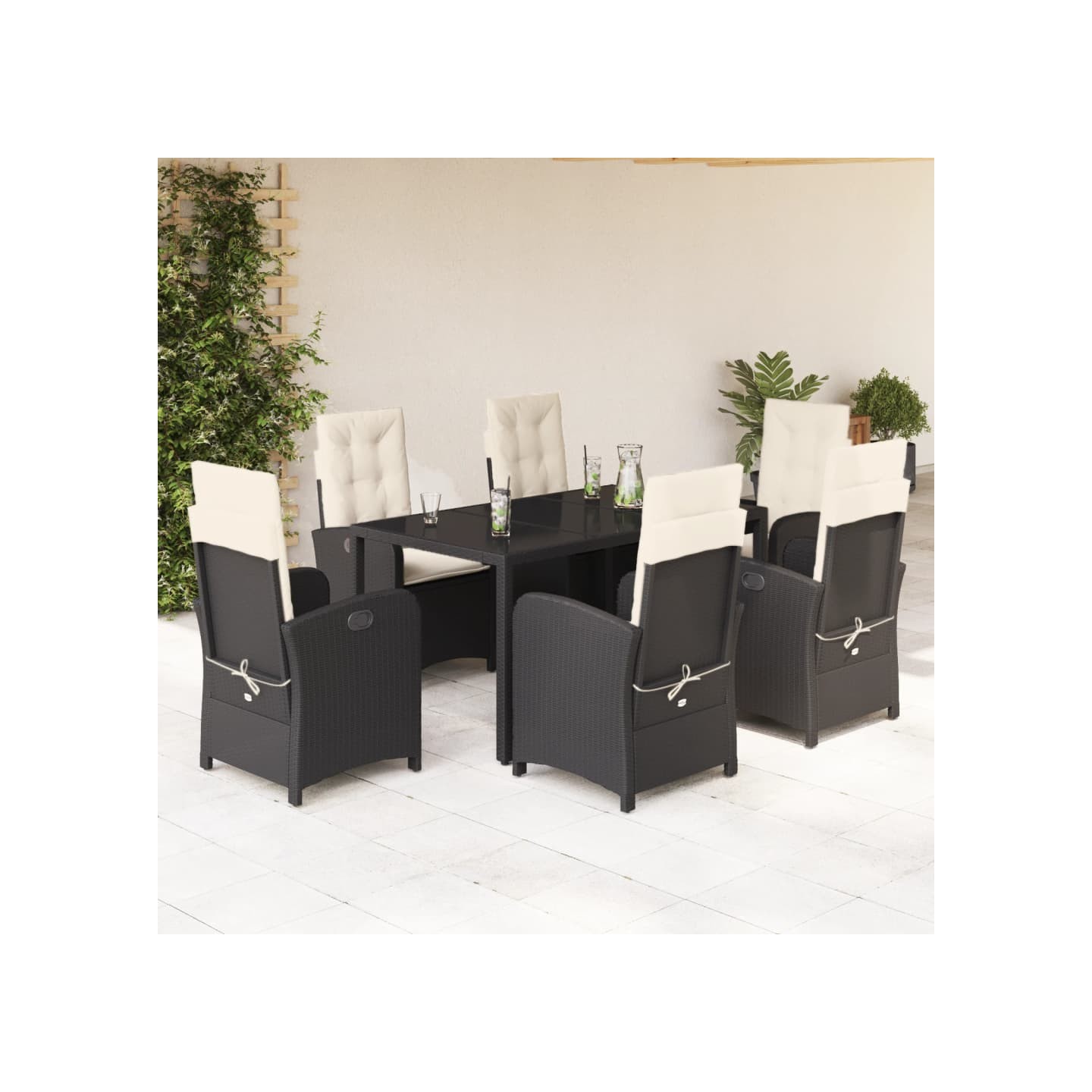 Ensemble à manger de jardin coussins 7pcs Noir Résine tressée