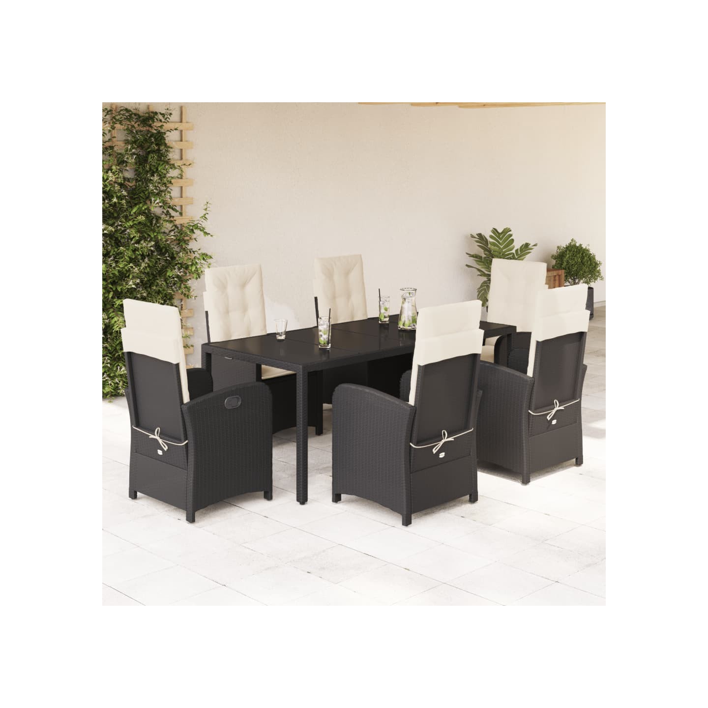 Ensemble à manger de jardin coussins 7pcs Noir Résine tressée