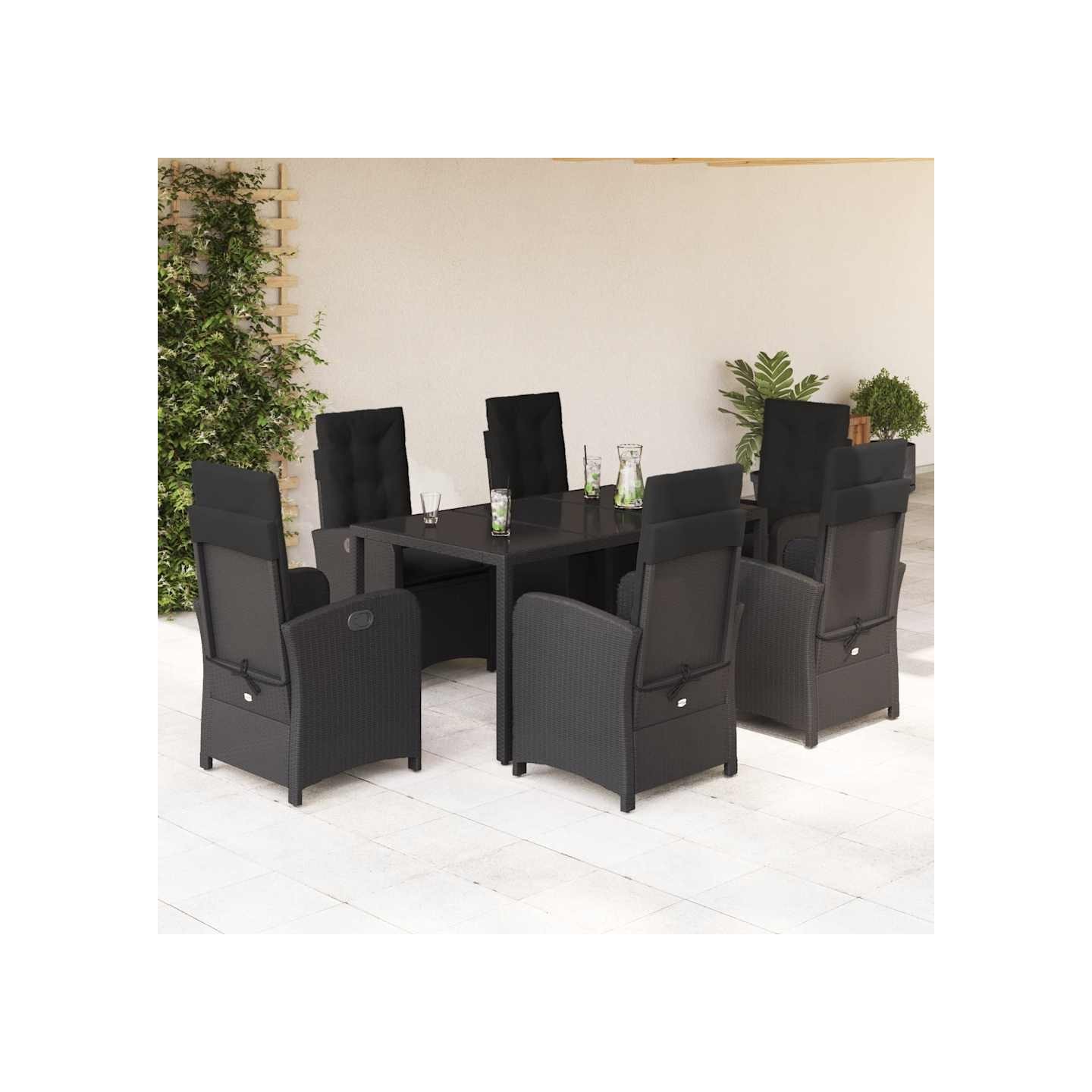 Ensemble à manger de jardin coussins 7pcs Noir Résine tressée