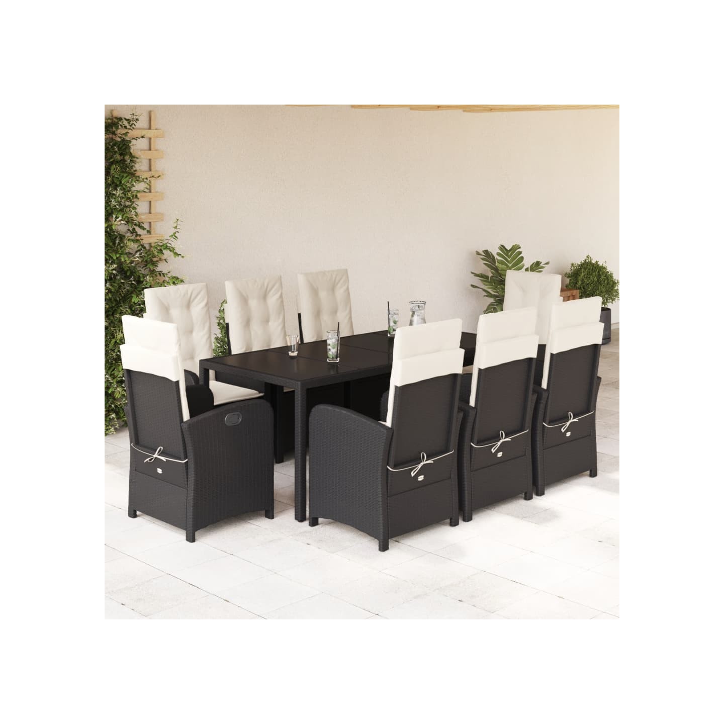 Ensemble à manger de jardin 9pcs coussins noir résine tressée