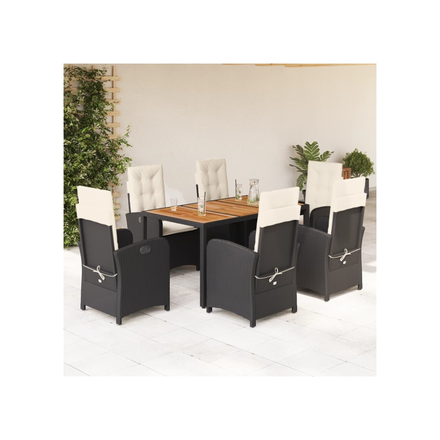 Ensemble à manger de jardin coussins 7pcs Noir Résine tressée