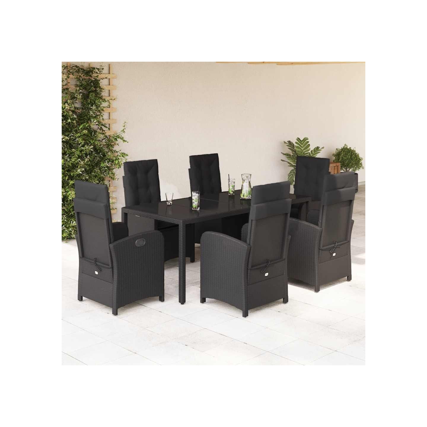 Ensemble à manger de jardin coussins 7pcs Noir Résine tressée