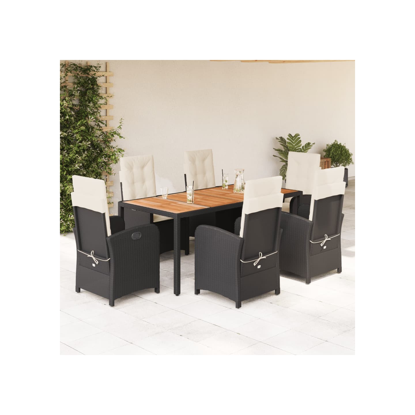 Ensemble à manger de jardin coussins 7pcs Noir Résine tressée