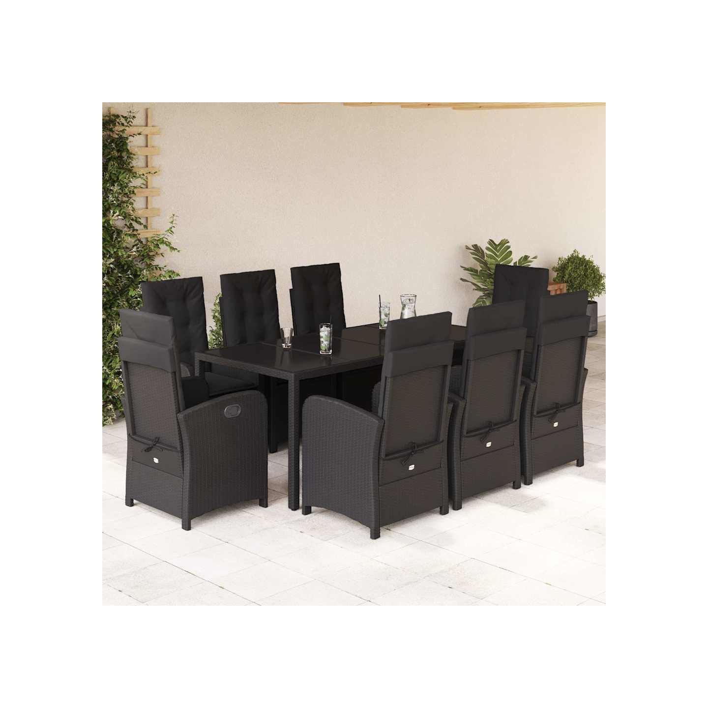 Ensemble à manger de jardin 9pcs coussins noir résine tressée