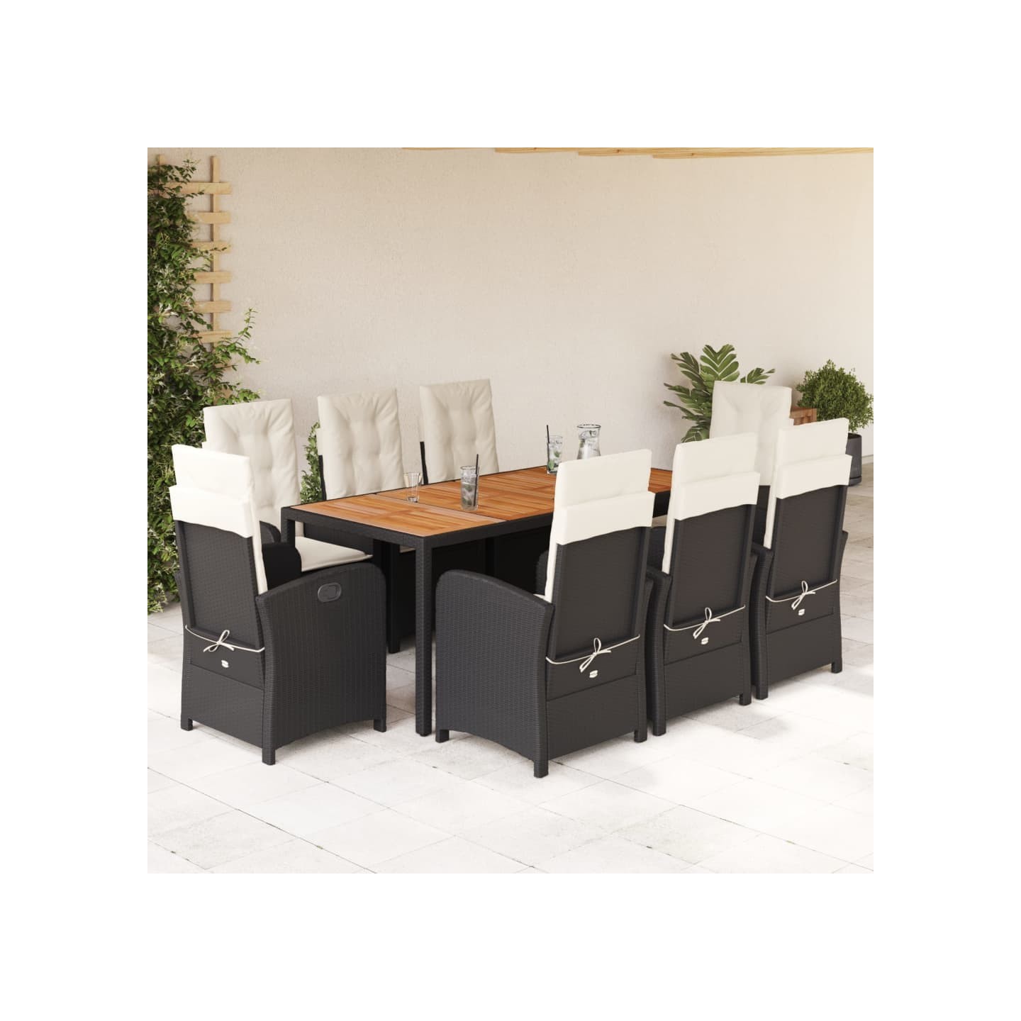 Ensemble à manger de jardin 9pcs coussins noir résine tressée