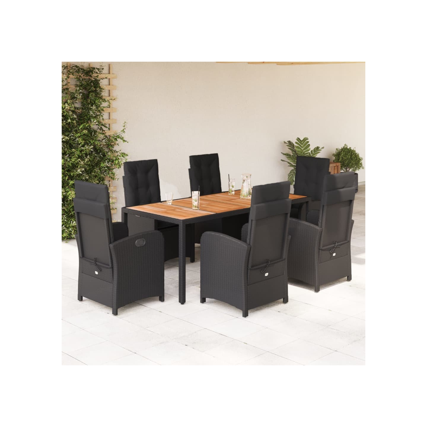 Ensemble à manger de jardin coussins 7pcs Noir Résine tressée
