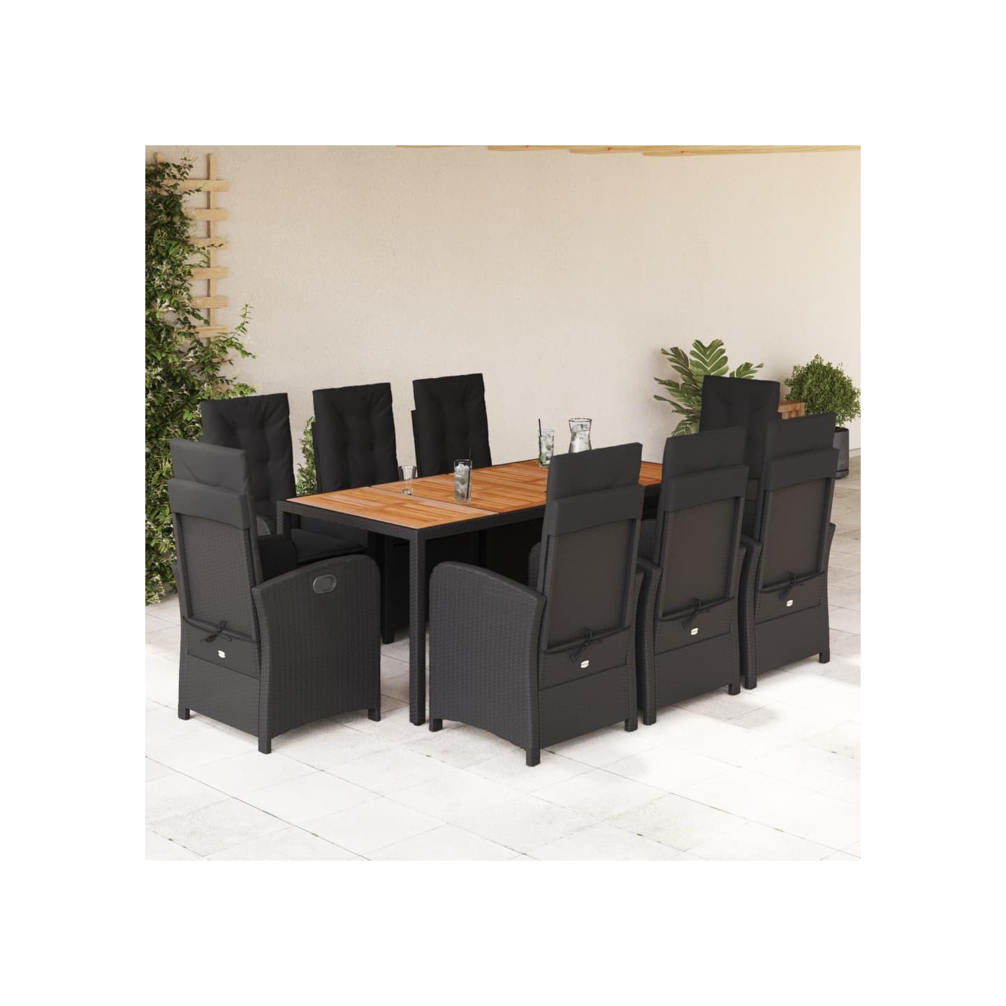 Ensemble à manger de jardin 9pcs coussins noir résine tressée