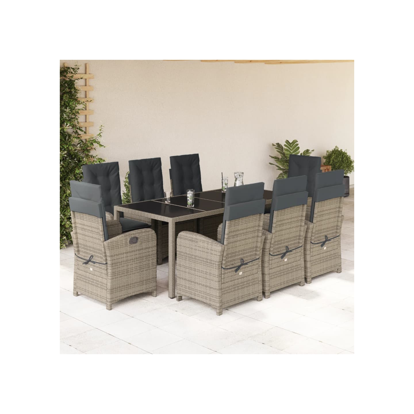 Ensemble à manger de jardin 9 pcs coussins gris résine tressée