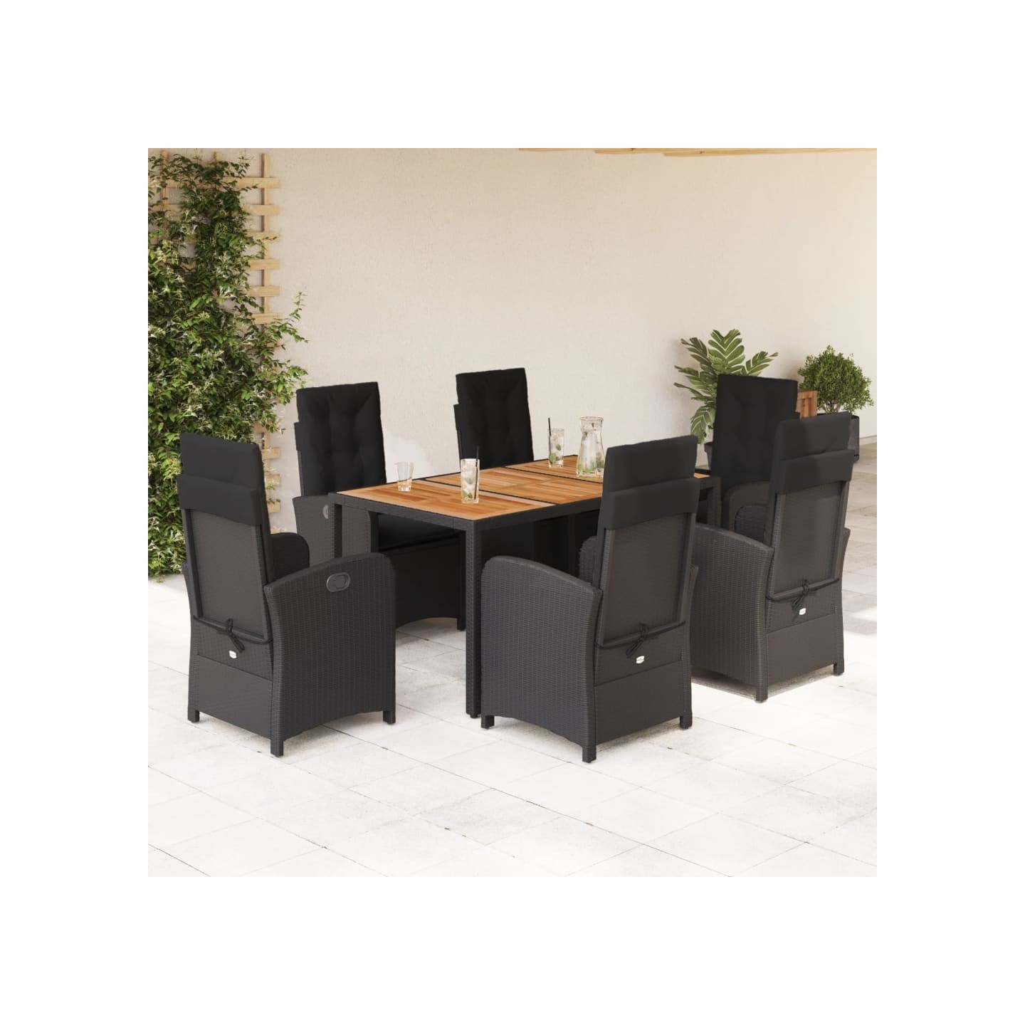 Ensemble à manger de jardin coussins 7pcs Noir Résine tressée