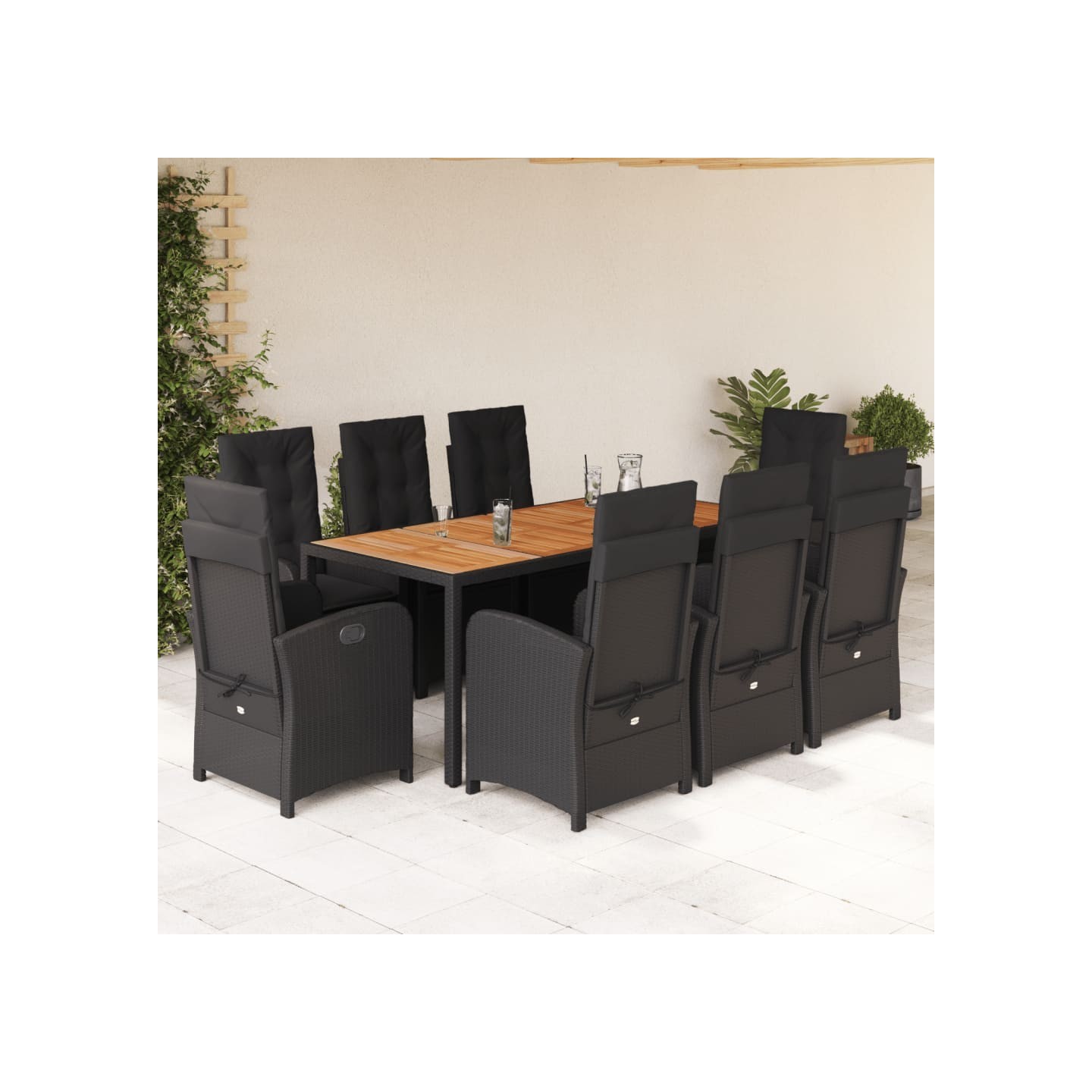Ensemble à manger de jardin 9pcs coussins noir résine tressée