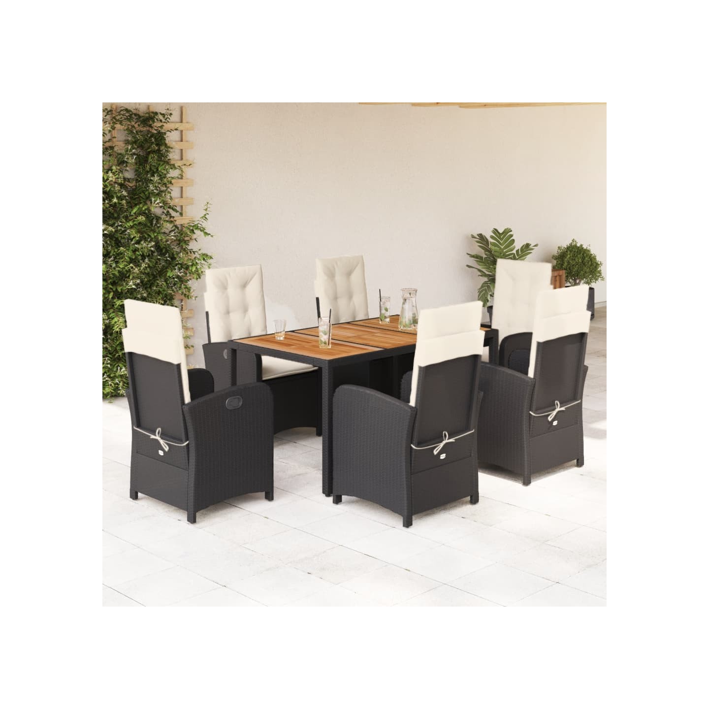 Ensemble à manger de jardin coussins 7pcs Noir Résine tressée