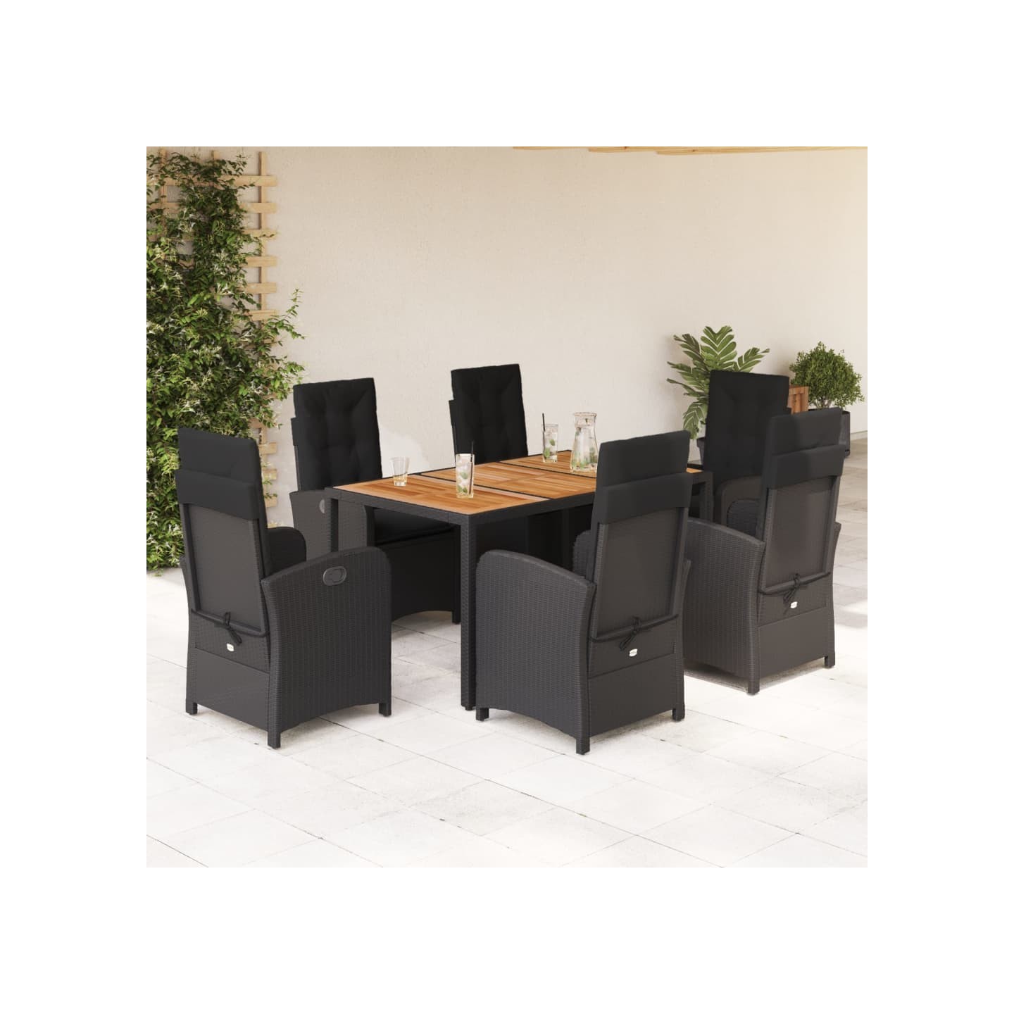 Ensemble à manger de jardin coussins 7pcs Noir Résine tressée