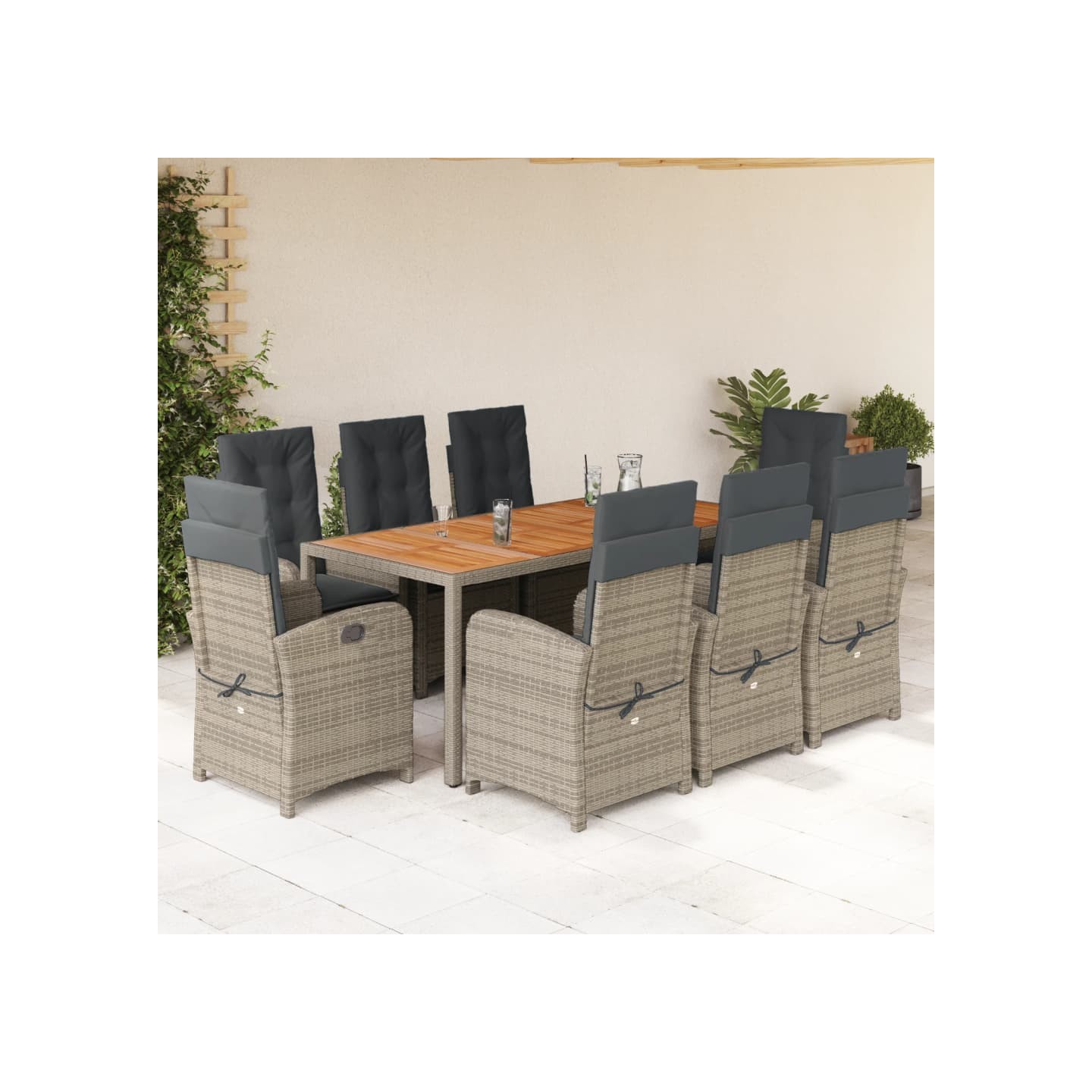 Ensemble à manger de jardin 9 pcs coussins gris résine tressée