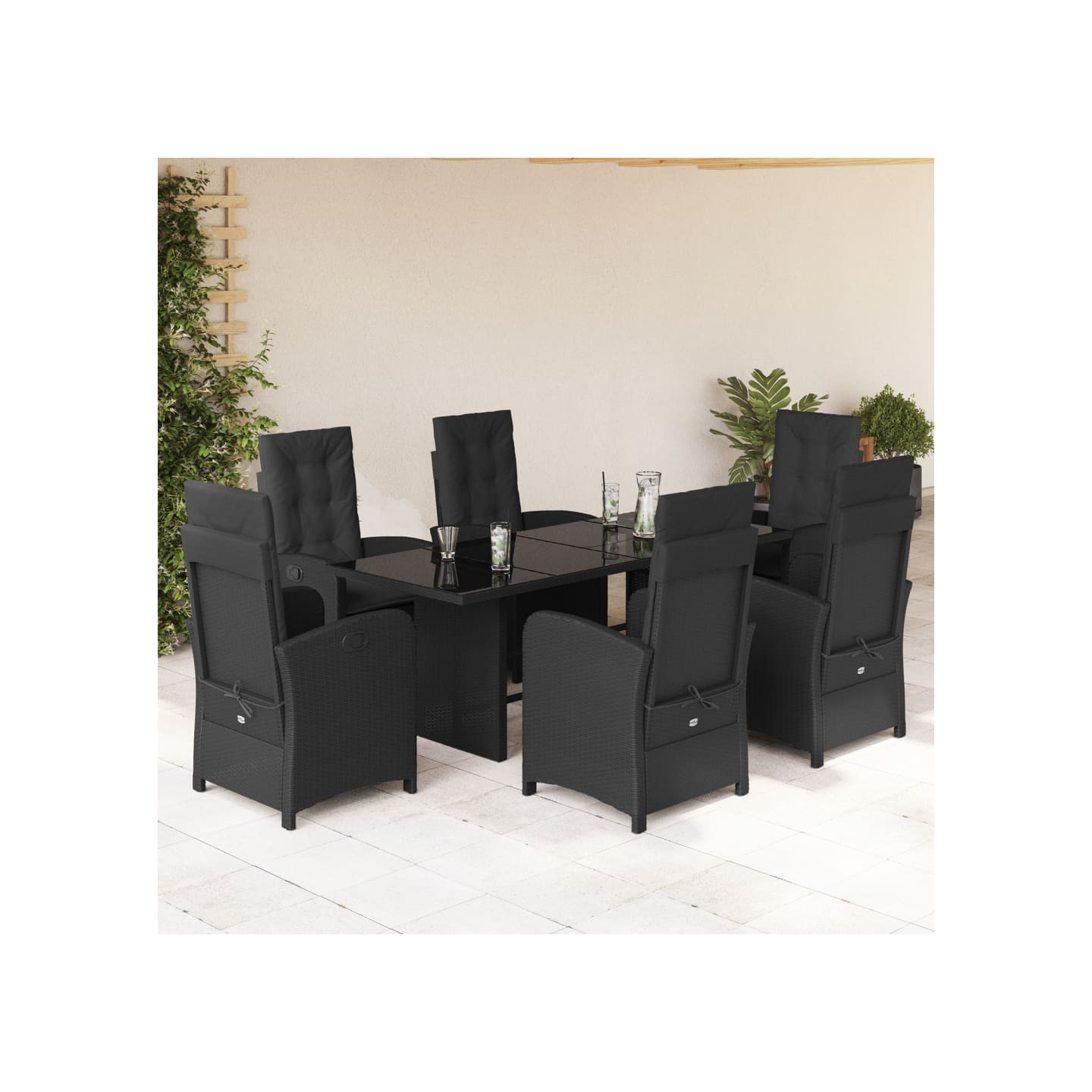 Ensemble à manger de jardin coussins 7pcs Noir Résine tressée