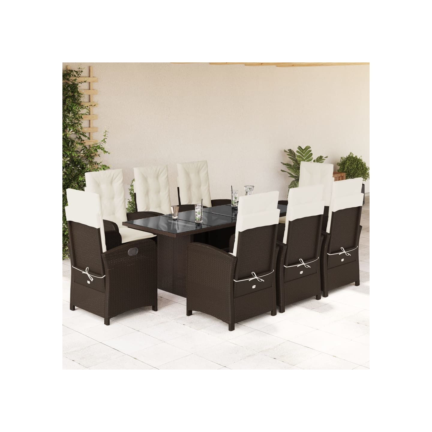 Ensemble à manger de jardin et coussins 9 pcs marron poly rotin