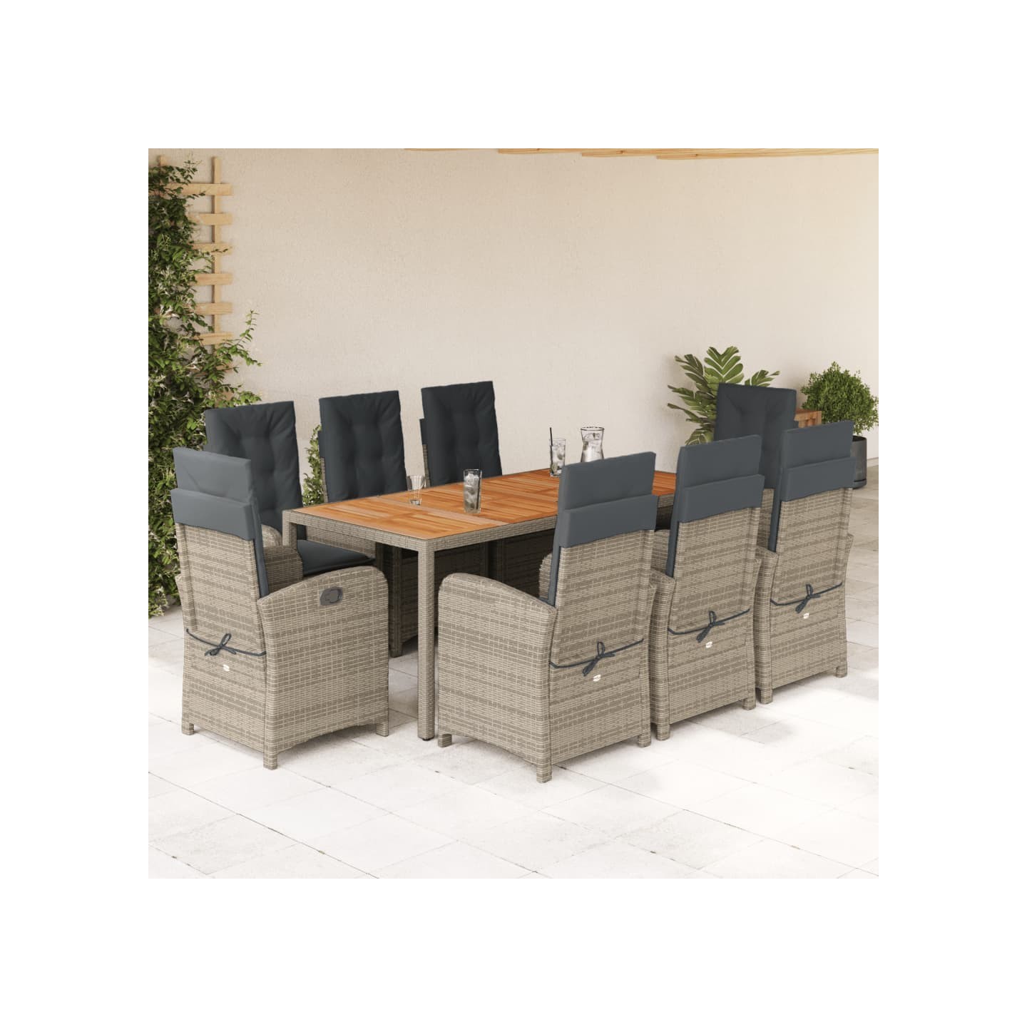 Ensemble à manger de jardin 9 pcs coussins gris résine tressée