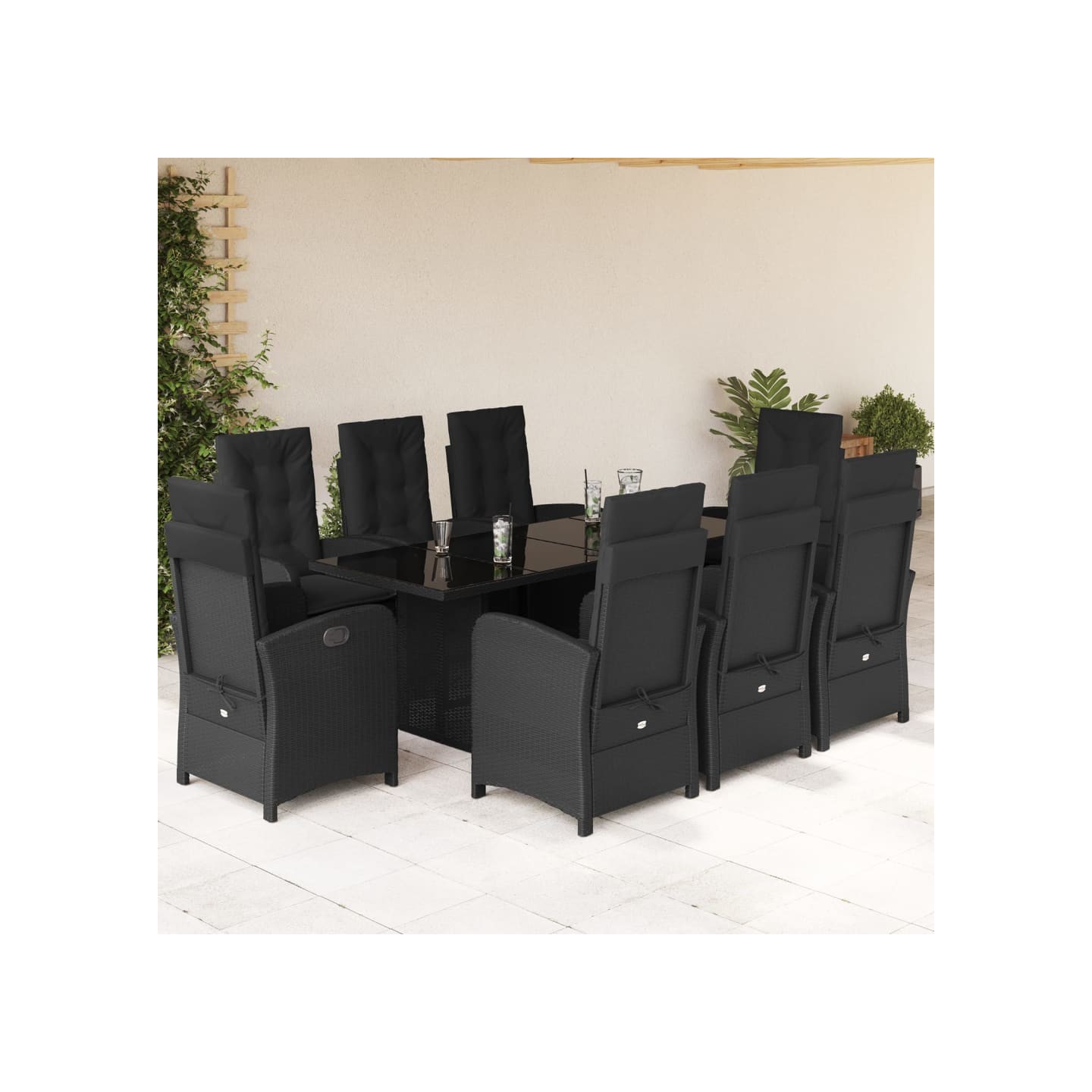 Ensemble à manger de jardin 9pcs coussins noir résine tressée