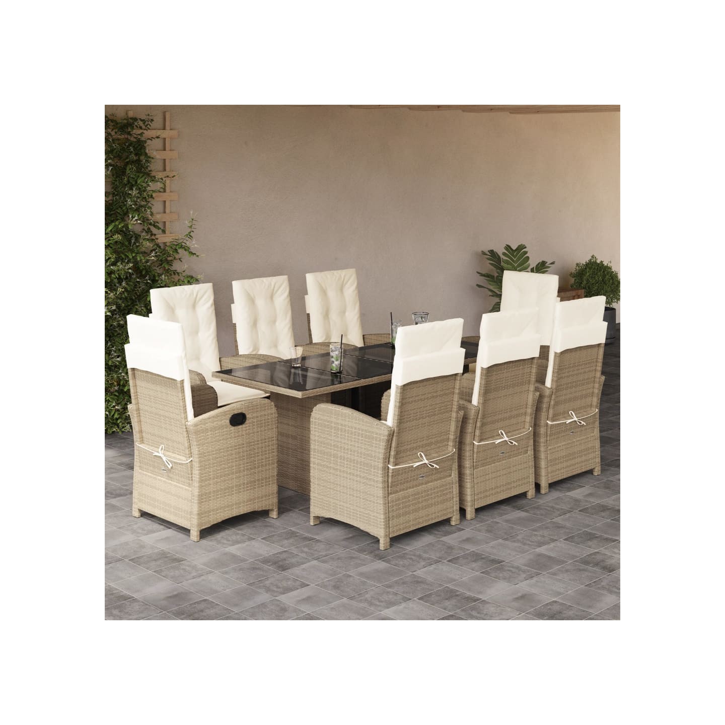 Ensemble à manger de jardin et coussins 9 pcs beige Poly rotin