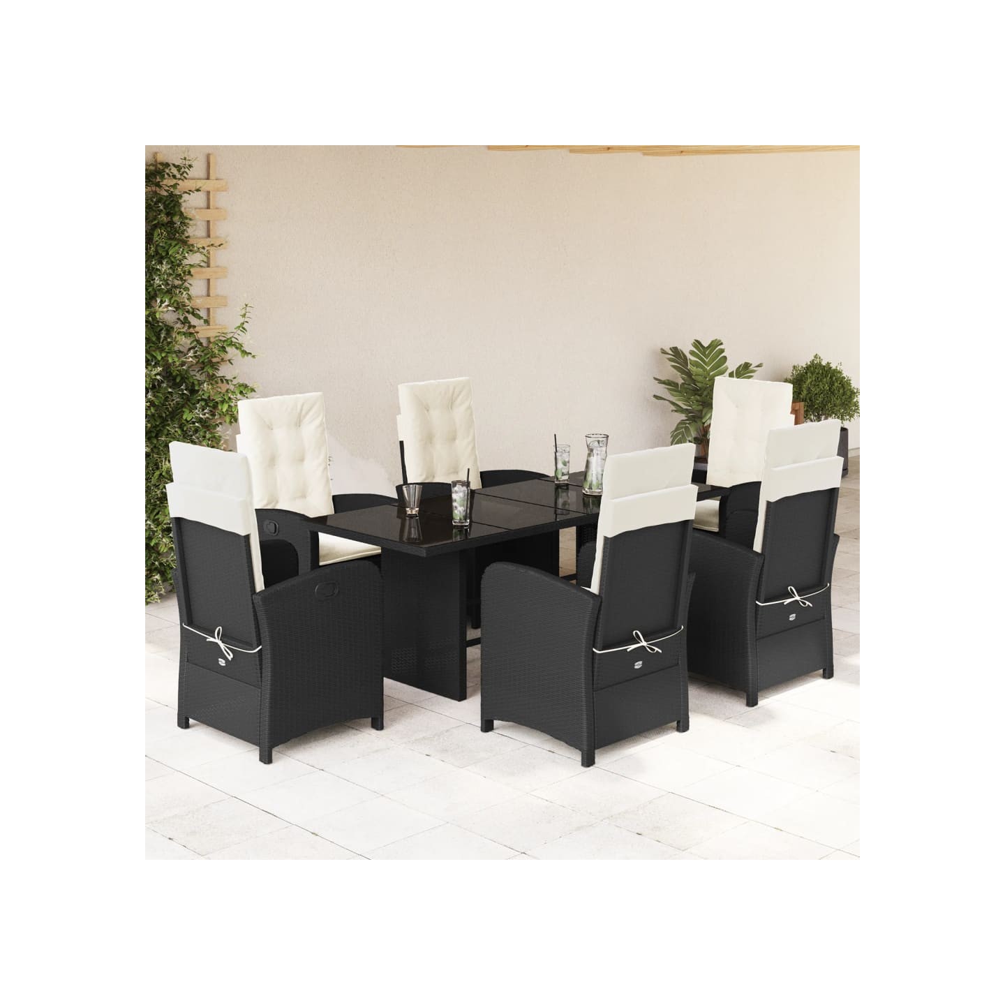 Ensemble à manger de jardin coussins 7pcs Noir Résine tressée